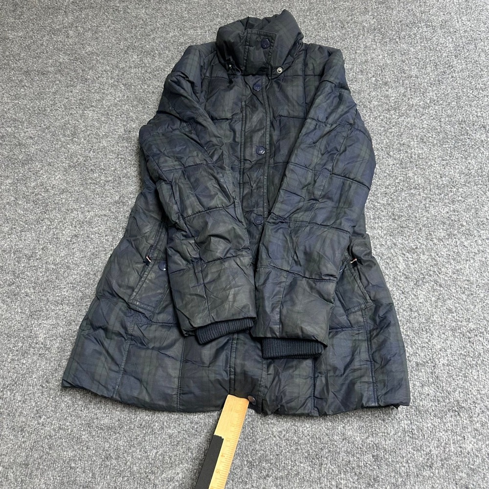 Tommy Hilfiger Puffer Jacket Womens Size XS Navy Blue Green Plaid Quilted Coat